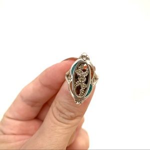 One of a kind sterling silver turquoise/coral ring